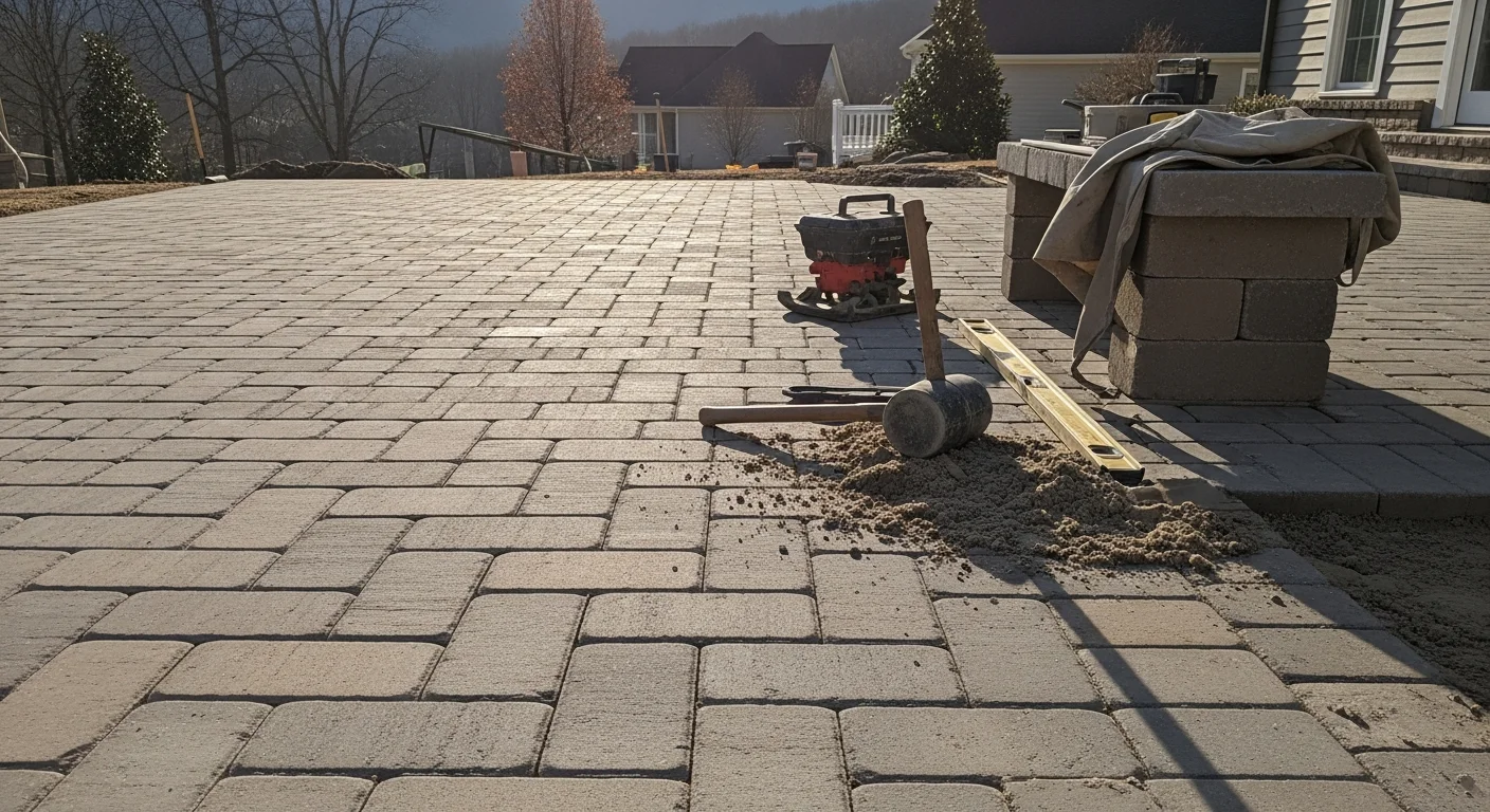 Completed hardscape project with permeable pavers, retaining wall, and flagstone pathway in Western NC