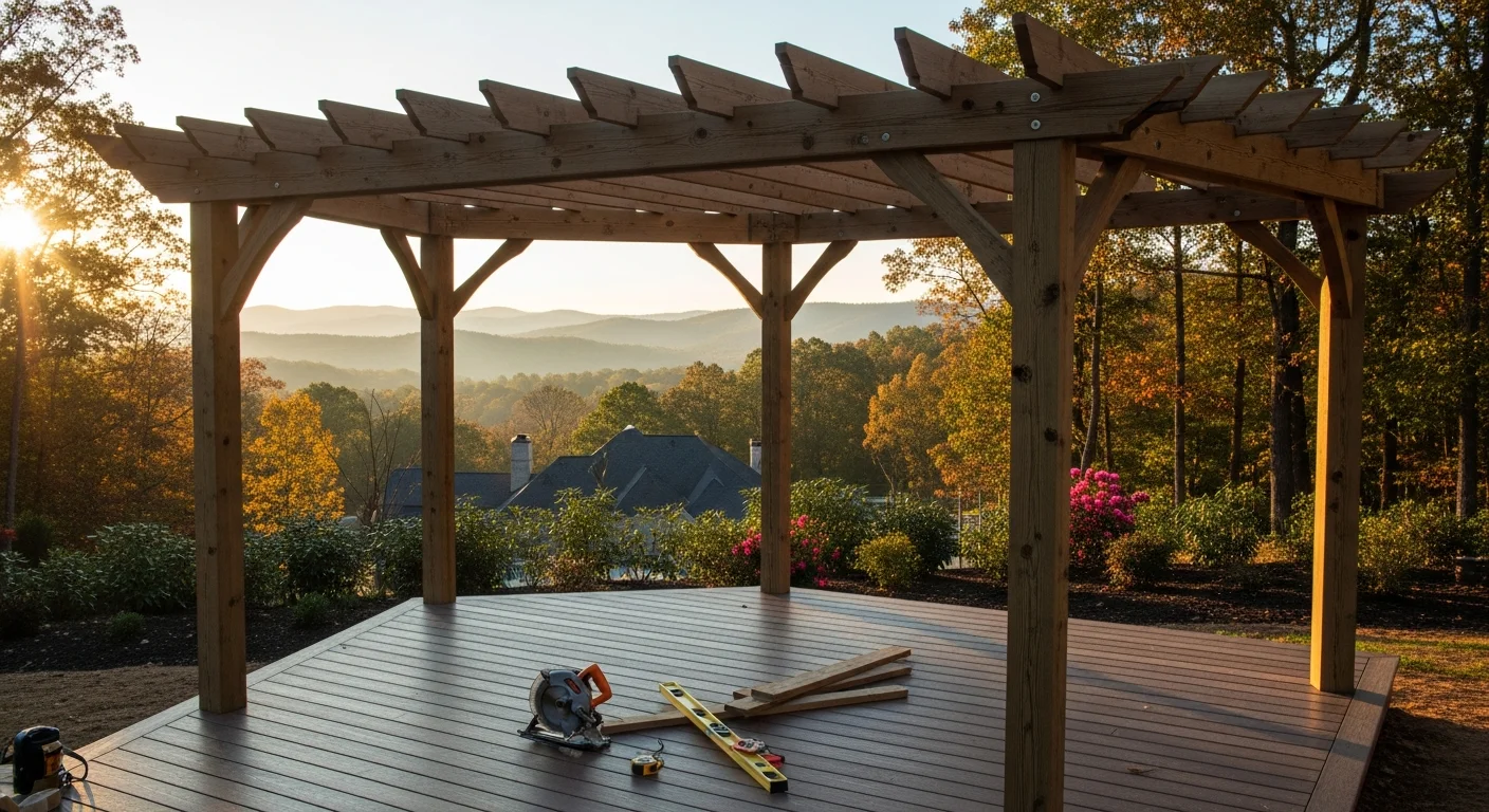 Custom deck with pergola and outdoor lighting overlooking landscape in Western NC