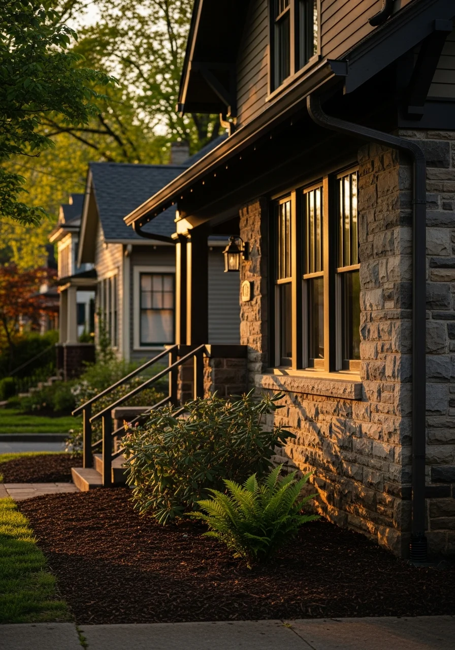 Detail of a well-finished exterior on an Asheville home, showcasing quality craftsmanship and attention to the city's design standards.
