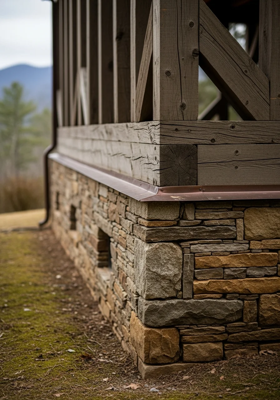 Close-up of exterior construction details on a Brevard mountain property, demonstrating weather-resistant building techniques.