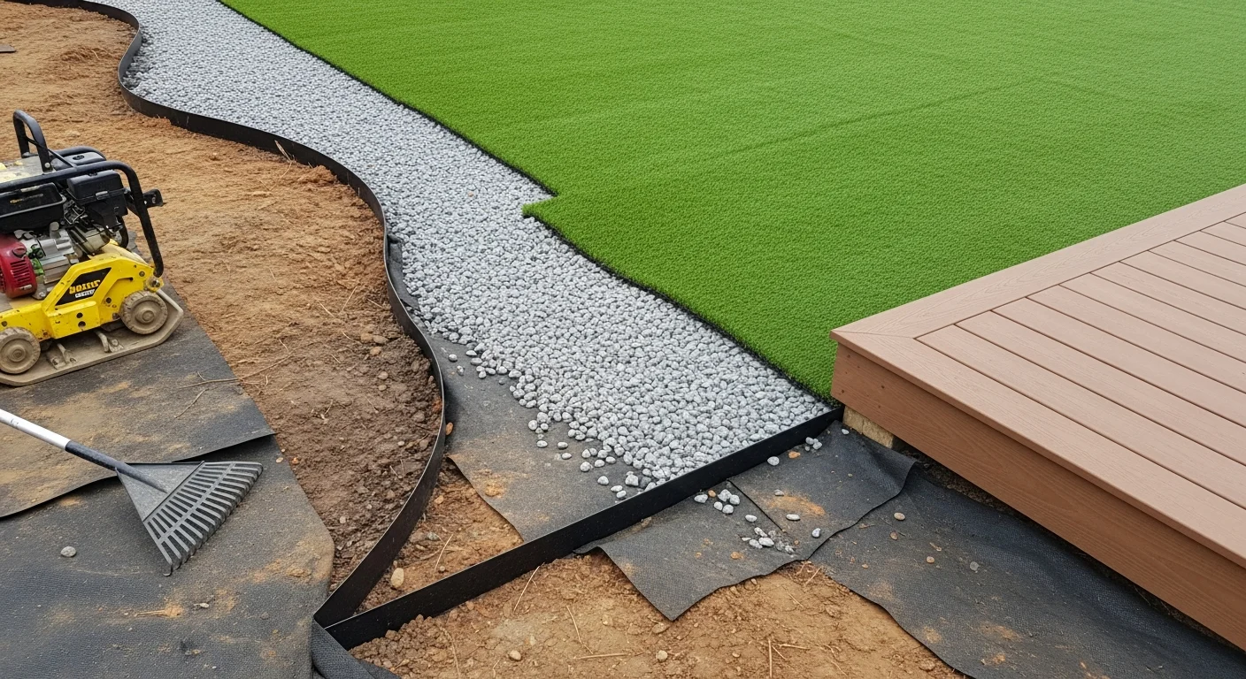 Freshly installed artificial turf covering a residential backyard in Hendersonville, Tennessee, with clean edges along a wood deck and a uniform green surface replacing a previously patchy natural grass lawn.