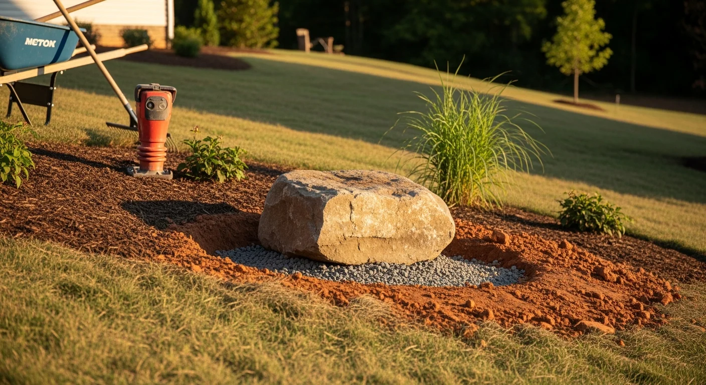 Large natural landscape boulders installed along a sloped planting bed in a Hendersonville, Tennessee backyard. The boulders define the bed edge and anchor the hillside against erosion, with established ground cover surrounding the base of each stone.