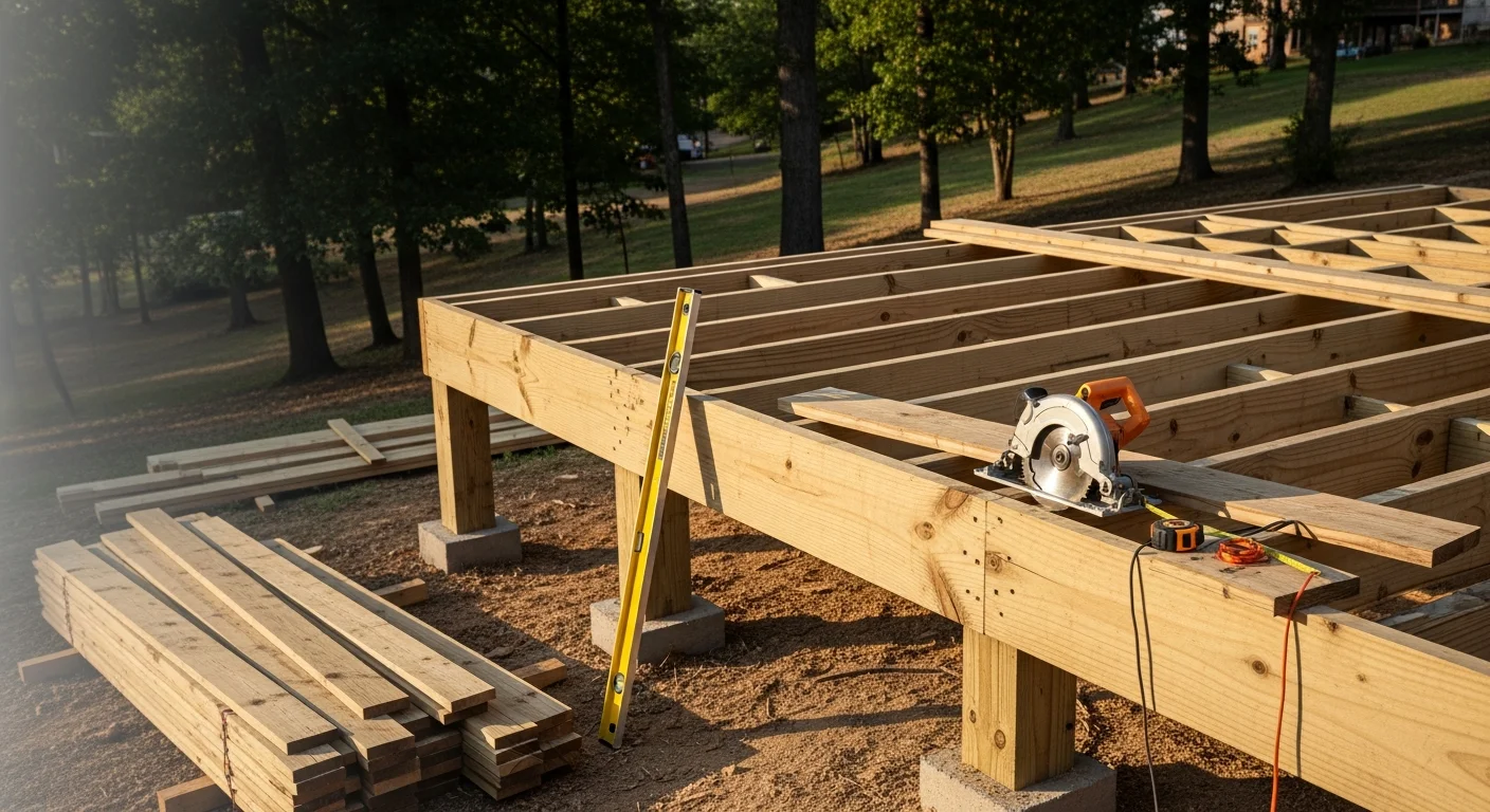 A newly constructed wood deck attached to a residential home in Hendersonville, Tennessee, with a sloped backyard and tree line in the background. The deck includes a railing system and open-air layout suited for outdoor entertaining.