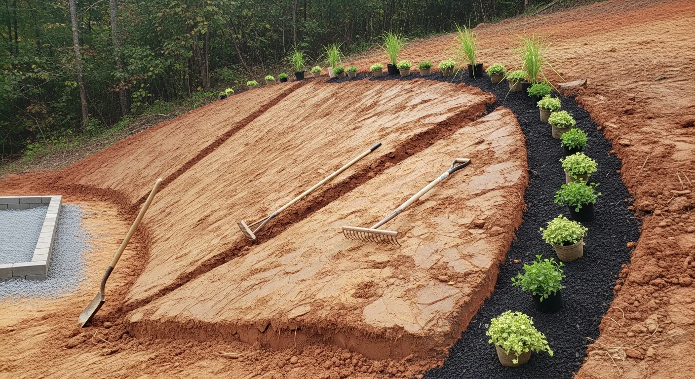 A stabilized residential slope in Hendersonville with ground cover plantings and graded soil showing no signs of runoff or washout. A landscape contractor from Good To Grow LLC works on slope reinforcement along a clay-soil yard typical of the Hendersonville area.