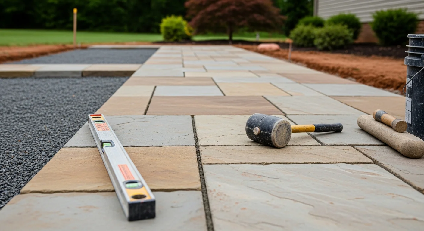 Fitted flagstone patio and walkway installed in a residential backyard in Hendersonville, Tennessee, with natural stone set flush to grade and tight joints between each piece. The surface connects the home's rear entry to a defined outdoor seating area on a gently sloped lot.