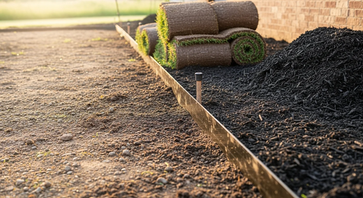 Freshly installed planting beds and sod in a Hendersonville, Tennessee residential front yard, showing defined bed borders, mulched shrub rows, and a graded lawn on a gently sloped lot. The landscape reflects a clean, low-maintenance layout suited to Middle Tennessee's clay soil and humid climate.
