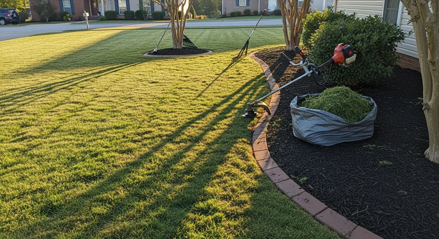 A well-maintained residential lawn in Hendersonville, TN with cleanly mowed turf, defined bed edges, and trimmed shrubs along the front of a brick home. The yard shows even grass height and clear borders between the lawn and mulched planting beds.
