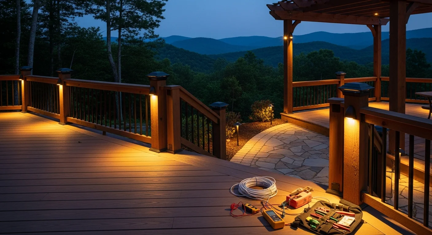 Professionally installed outdoor lighting illuminating a wood deck and covered pergola on a residential property in Hendersonville, North Carolina. Pathway lights line the steps leading from the deck to the backyard on a sloped wooded lot.