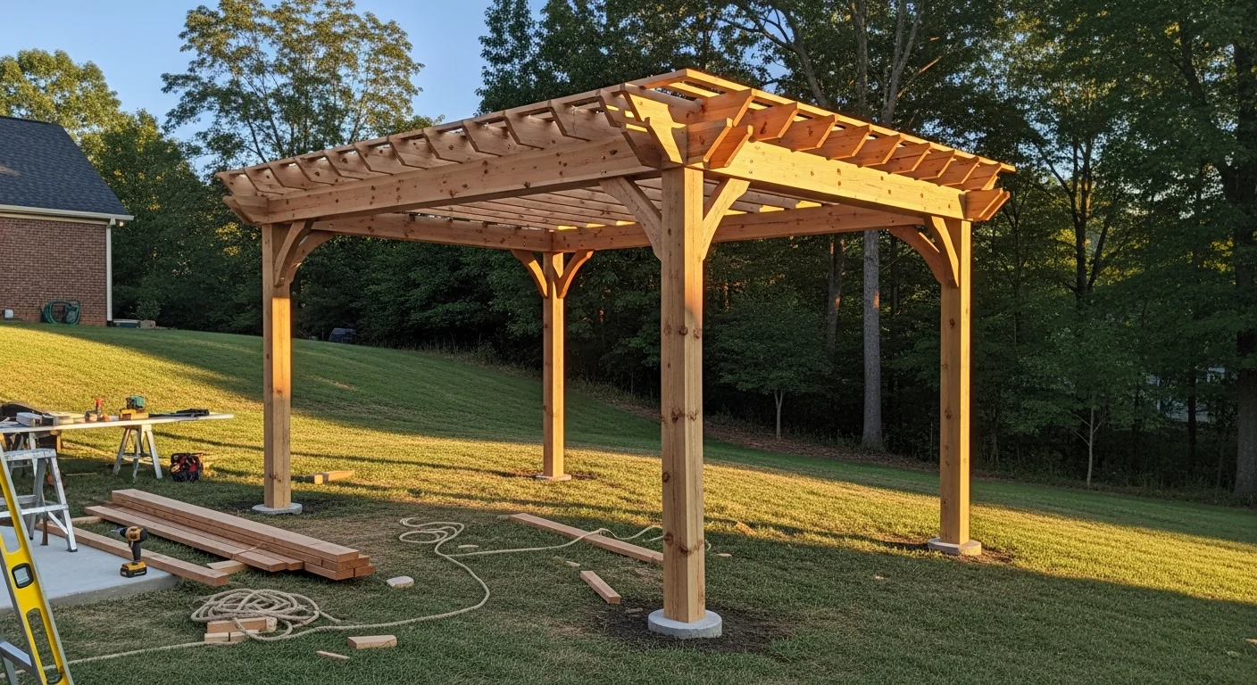 A finished wood pergola installed in a Hendersonville, Tennessee backyard, with open lattice rafters casting shade over a ground-level patio. The structure sits on anchored posts with a grassy yard and residential fencing visible in the background.