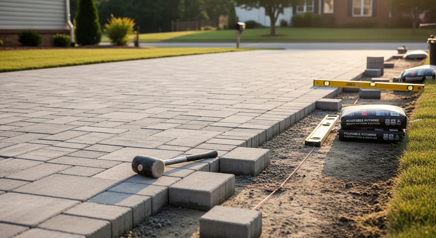 Newly installed permeable paver driveway at a residential property in Hendersonville, Tennessee, showing uniform joint spacing and a clean edge border meeting the existing lawn. Close view of the open aggregate joints between pavers designed to allow stormwater infiltration.