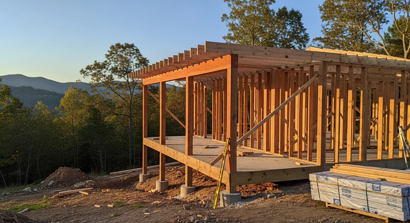 A newly built covered porch on a Craftsman-style home in Hendersonville, NC, with painted wood framing and a view of a landscaped backyard. The structure shows clean lines and weather-ready construction suited to the Western North Carolina mountain climate.