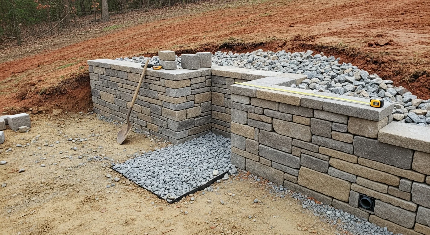 A newly installed retaining wall holding a terraced backyard slope on a residential property in Hendersonville, Tennessee. The wall runs along a clay-soil hillside with graded flat space behind it and visible drainage at the base.